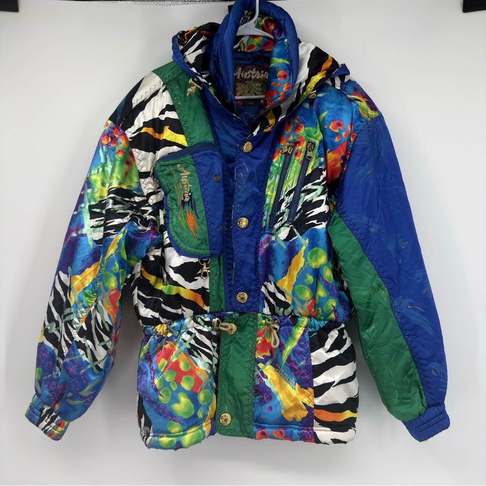 vintage 90s Asics Austria Ski Team multi-color patterned ski jacket Size M/L